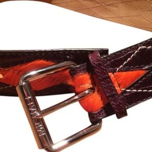 MICHAEL KORS MK Brown Leather Orange Fur Belt